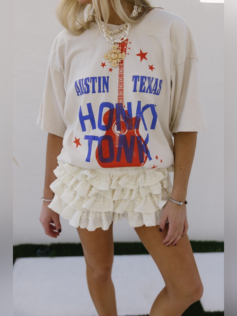 NWT Daydreamer Austin Texas Honky Tonk Oversized Jersey Tee Off White Small